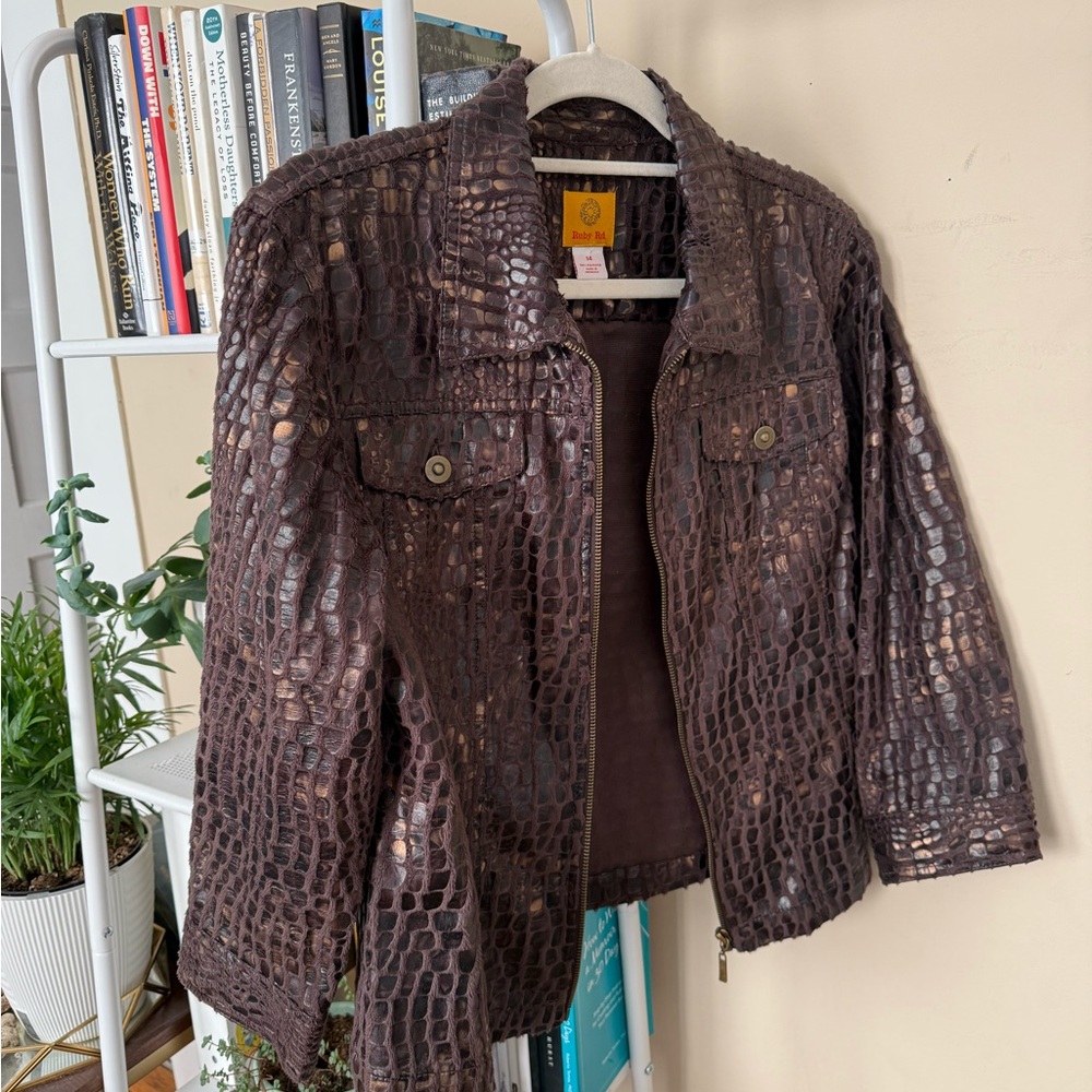 Ruby Rd. Gold and Brown Leather Jacket with Textured Design